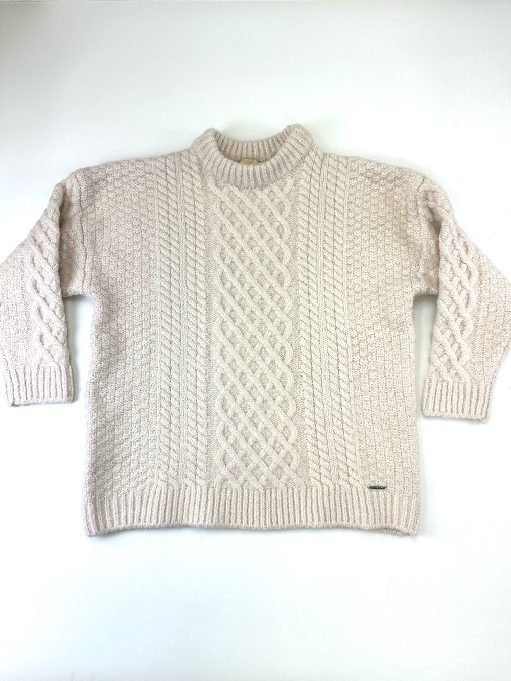 Elie Tahari Cream Cable Knit Sweater S Wool Alpaca Fisherman Chunky Pullover